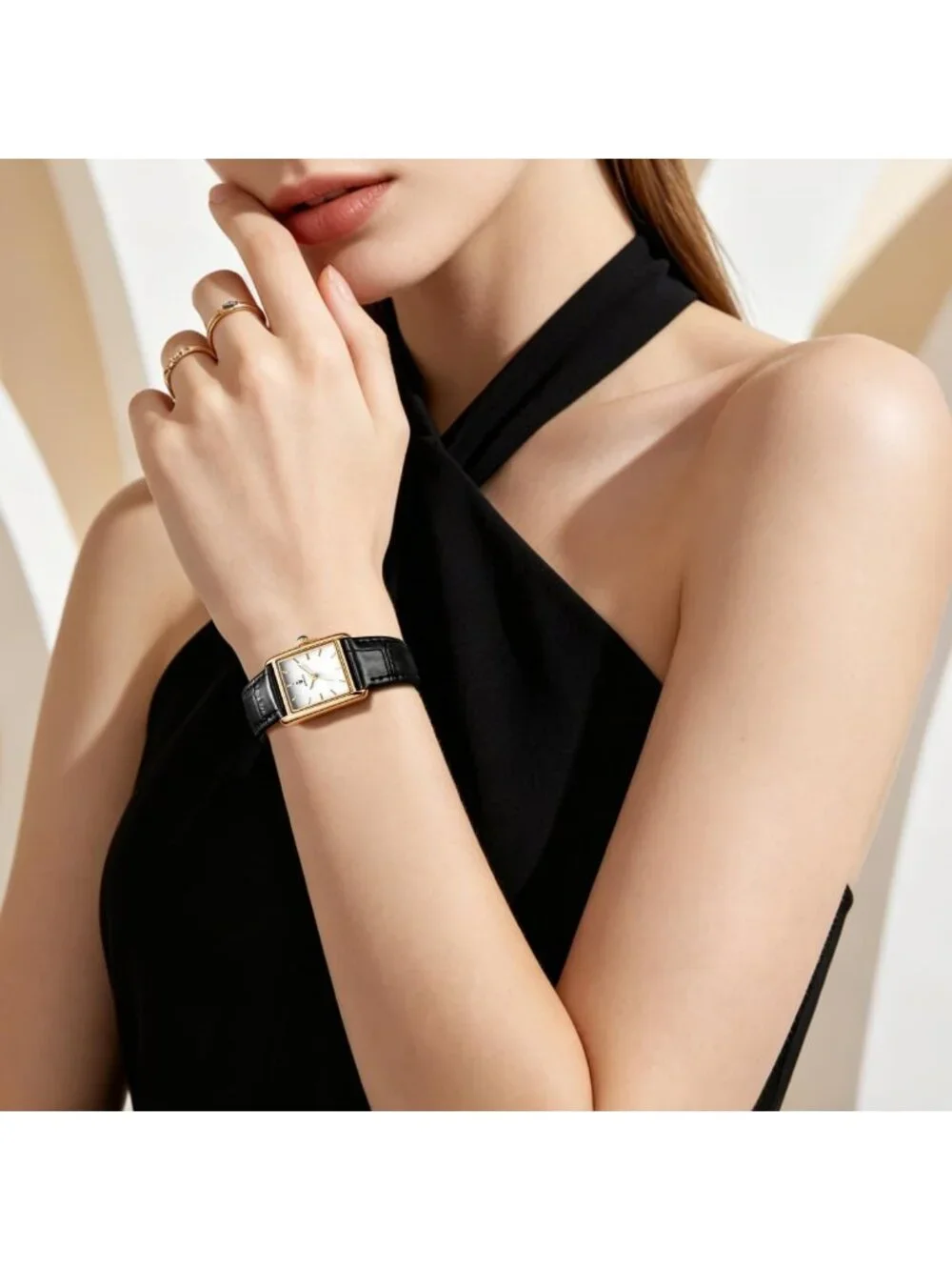 Women's Gold Case Black Rectangle Vintage Leather Strap  Quartz Movement Watch